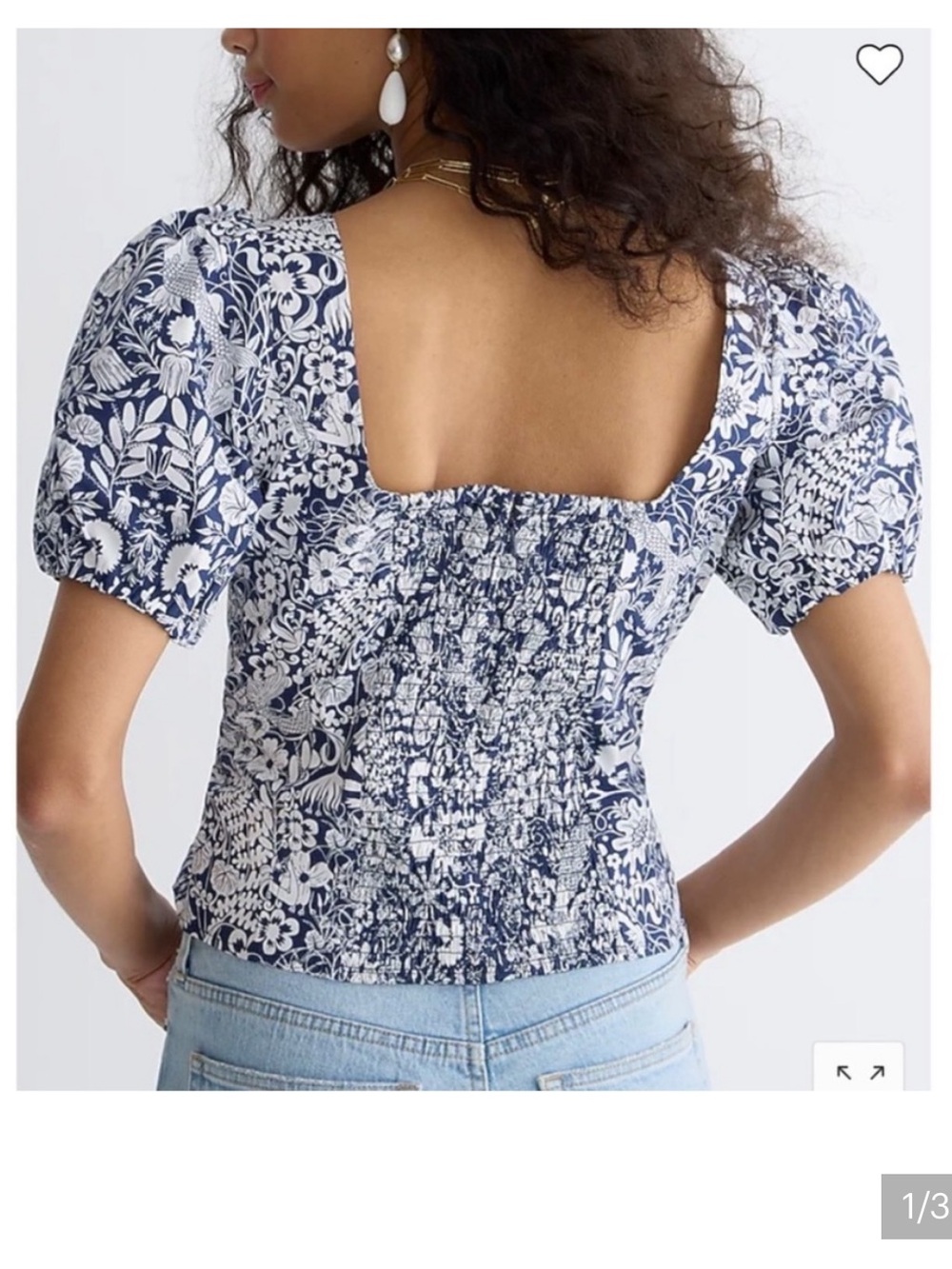Square Neck Puff Sleeve Floral Print Top - Blue & White - Picture 2 of 6